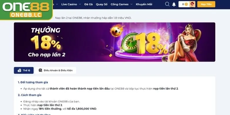 Khuyến mãi ONE88 thưởng nạp lần 2