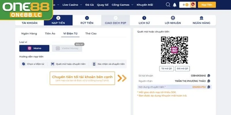 Nạp tiền ONE88 ví điện tử thông dụng